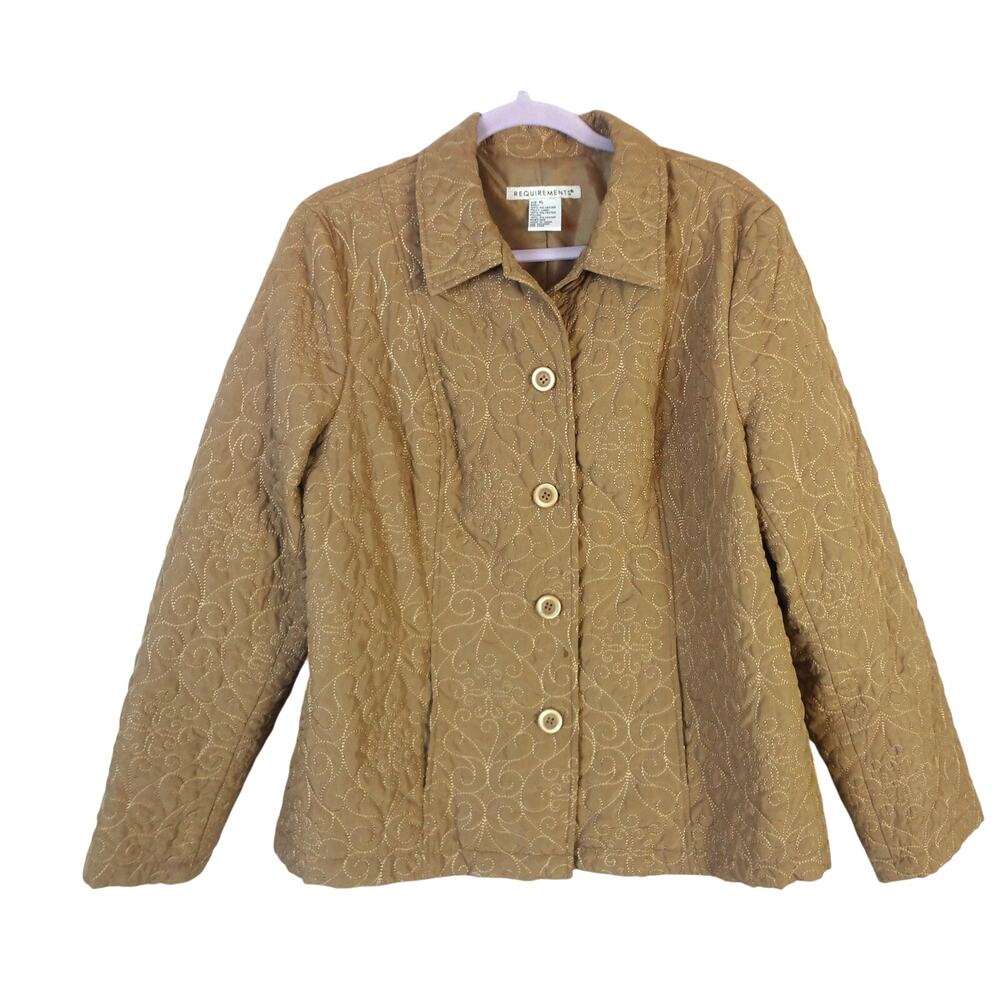 Requirements Tan Quilted Jacket Snap Womens XL Embroidered Lightweight Classic